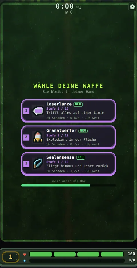 Gameplay: choosing a weapon from three cards – Laser Lance, Grenade Launcher, Soul Scythe.