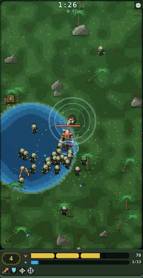 Gameplay: the Butcher attacks in wave 5 as the horde wades through a lake.