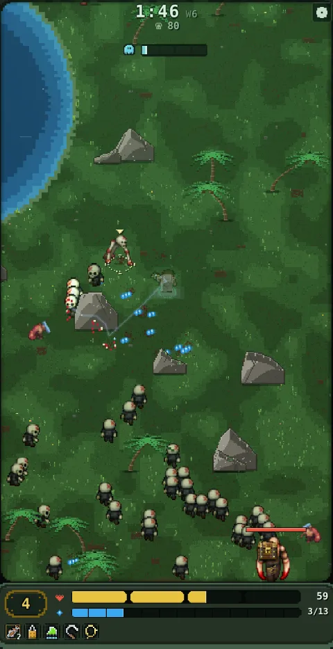 Gameplay: wave 6 – around 35 zombies, chain lightning arcing between them, blue shards on the ground.